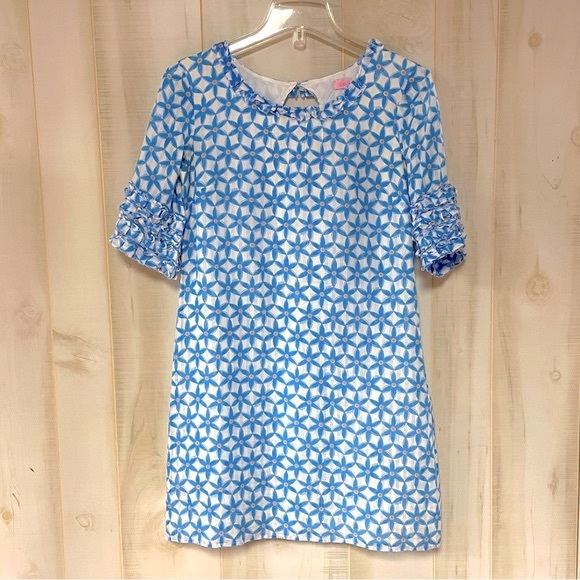 Lilly Pulitzer Dasha Coastal Blue Star Fruit Silk Ruffle Sheath Dress Sz 2 - Picture 2 of 8